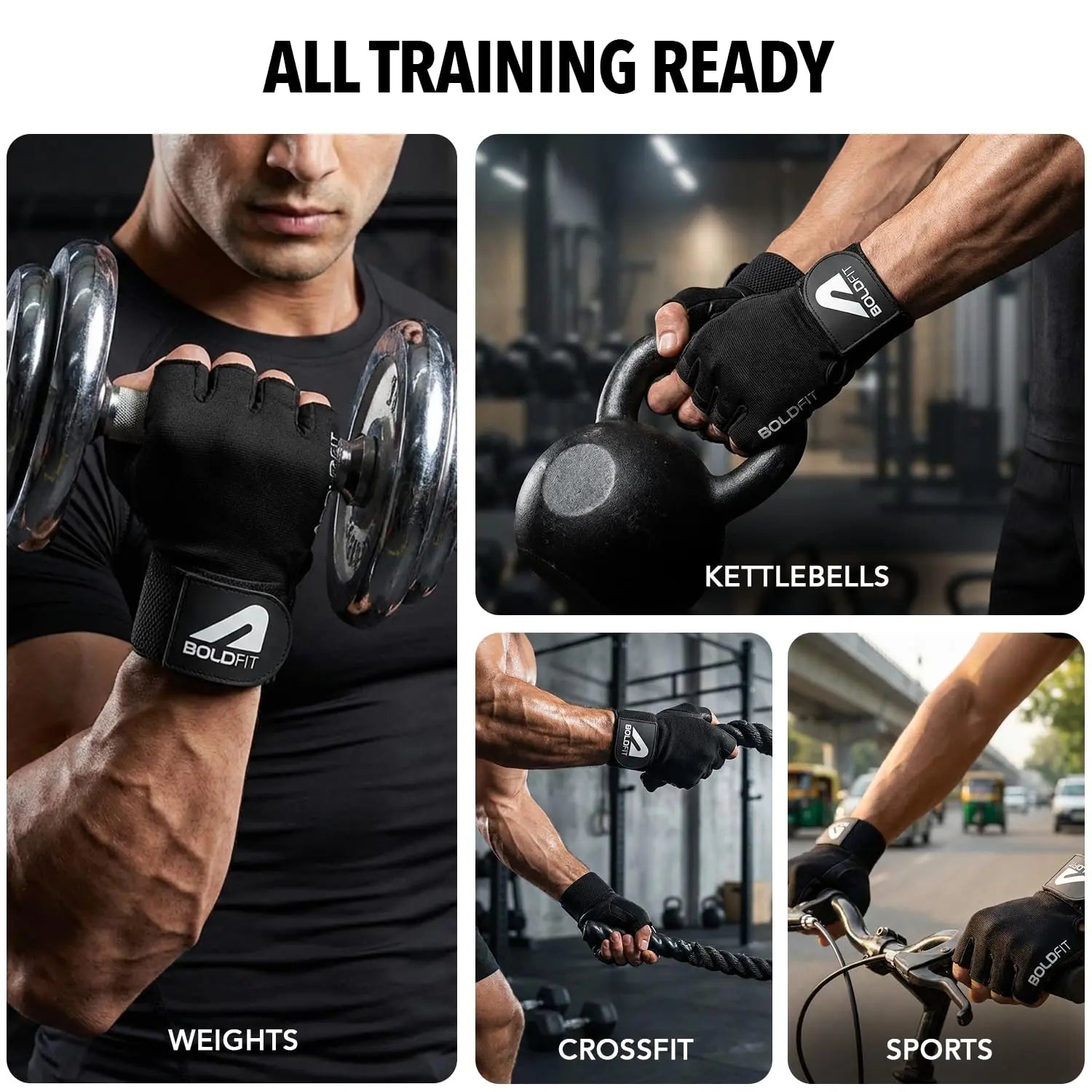 Boldfit Gym Gloves for Men Workout Unisex Hand Gloves for Gym for Men & Women with Wrist Support for Weightlifting, Workout Comfortable Fit Bike Riding, Cycling Handgloves - Warrior Black