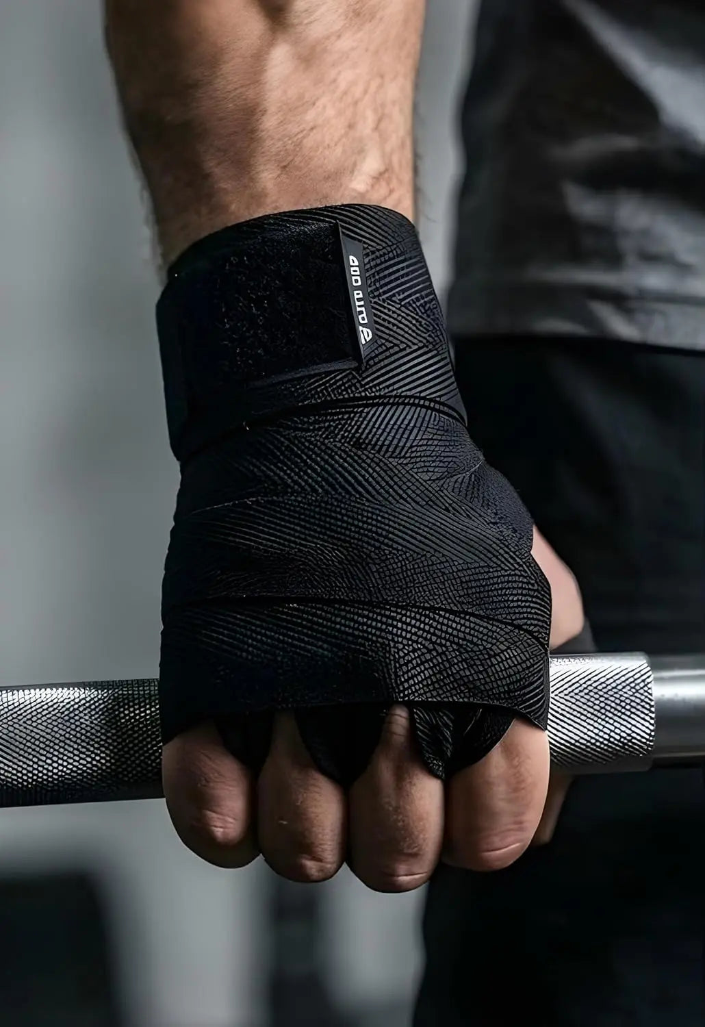 Cotton Grip Workout Gloves with Wrist Wraps, Black, 5 Feet Length, Unisex Exercise Hand Wraps for Weightlifting and Training